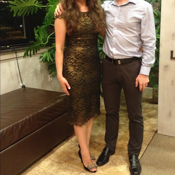 Golden lace calf length formal evening dress - Picture 7 of 7